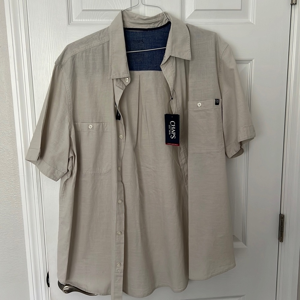Chaps. Untucked style button down. Short sleeve